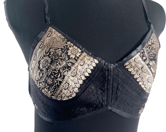 M Gia Cross Strap Bra Top, Handmade in Vintage Silk Brocade (SKU:2162-10054)