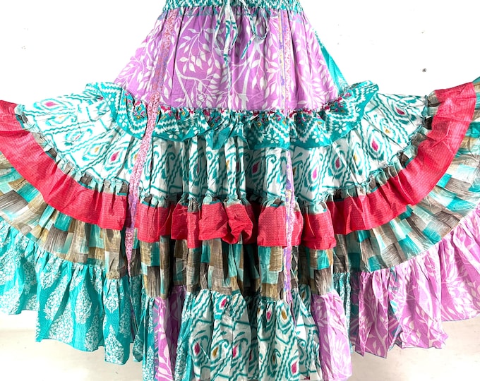 Jazmyn 25 Yard Skirt handmade in Vintage Summer Silk, Maxi One Size; (28"-42" Waist) Peasant Bellydance Flamenco SKU:738-8955