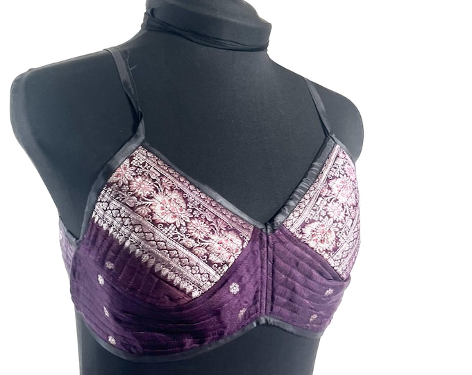 M Gia Cross Strap Bra Top, Handmade in Vintage Silk Brocade (SKU:2162-10052)