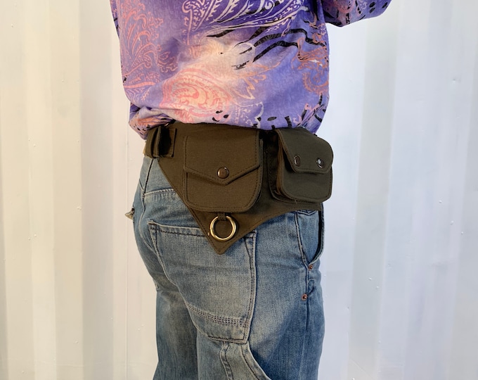 Steampunk Cotton Hip-bag. Fanny pack. Bum bag. brown 2 zipped pockets plus 3 mag clip pockets.