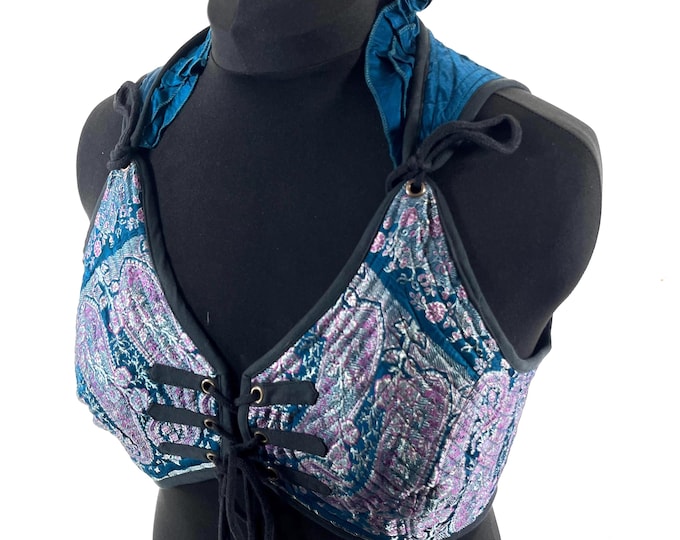 3XL. Fae Corset Top - Blue & Silver Bra Top - Vintage Silk Brocade  (SKU:3036-9795)