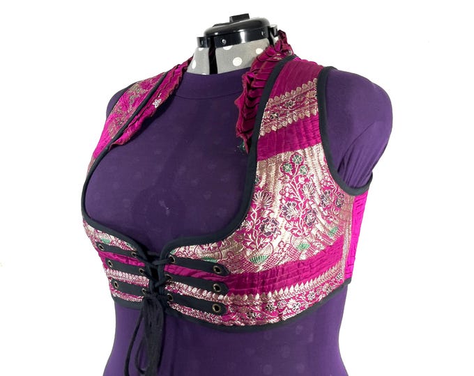 Underbust Corset Top; Ivy 6XL pink & silver steampunk vest handmade in Vintage Silk Brocade (SKU:2179-10187)