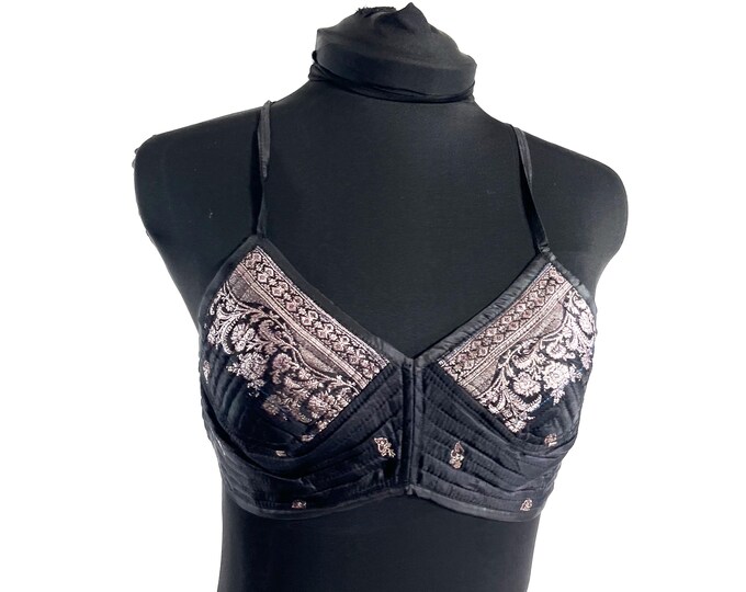 S Gia Cross Strap Bra Top, Handmade in Vintage Silk Brocade (SKU:2161-10069)