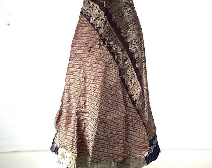 Pemberin Midi Wrap Skirt in Upcycled Heavy Vintage Silk Brocade Sari. (Two Layer A-Line Wrap Skirt)  SKU:2034-8434