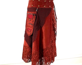 Red Fox Corduroy Long Wrap Skirt, handmade Steampunk Maxi Skirt.
