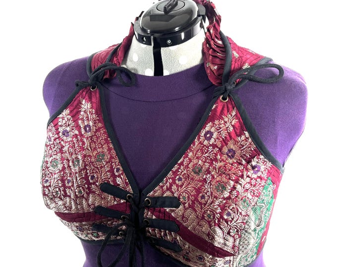 7XL Fae Corset Top - Red Green & Silver Bra Top - Vintage Silk Brocade  (SKU:3039B-9839)