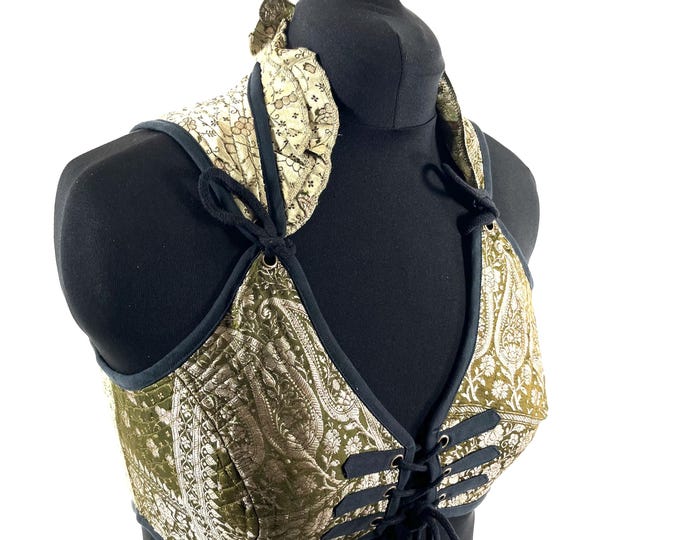 2XL. Fae Corset Top - Silver & Green Bra Top - Vintage Silk Brocade  (SKU:3035-9783)