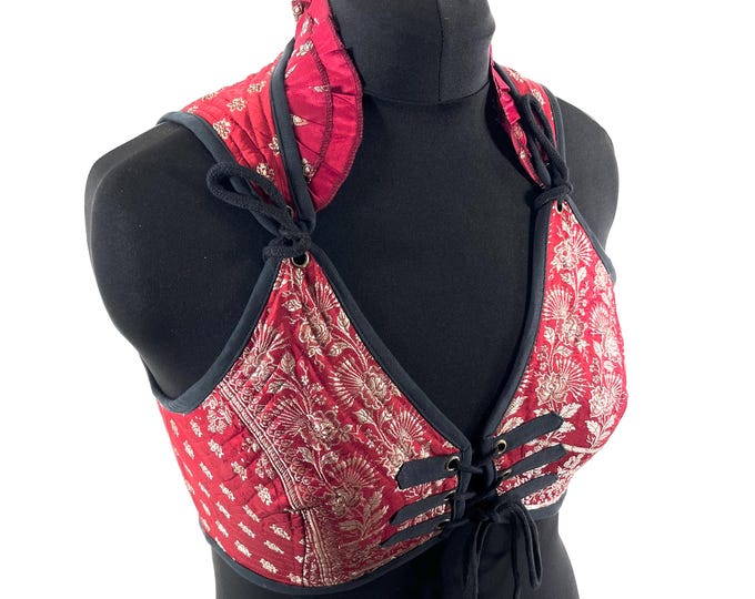 2XL. Fae Corset Top - Red & Silver Bra Top - Vintage Silk Brocade  (SKU:3035-9780)