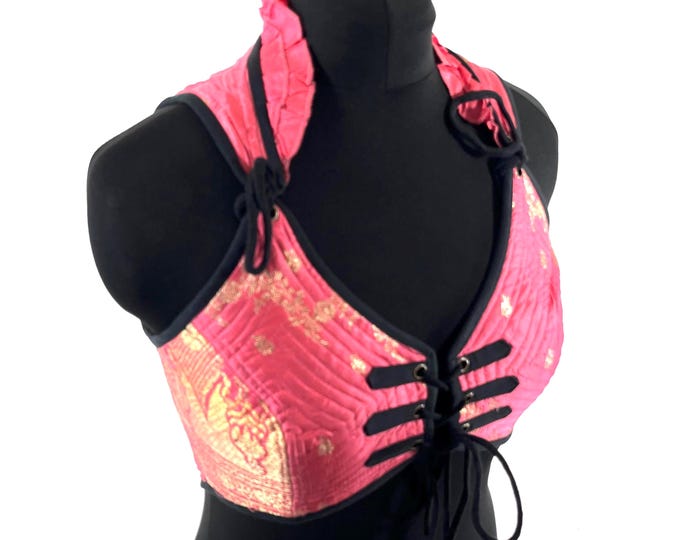 XL. Fae Corset Top - Pink & Silver Bra Top - Vintage Silk Brocade  (SKU:3034-9777)