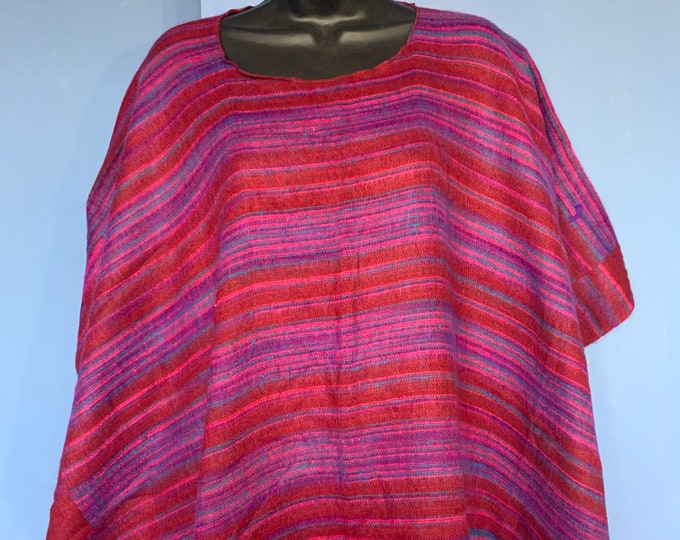 Warm Traditional Handmade Blanket Poncho in Pinks Blues & Reds with a Red fringe
