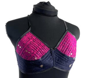 S Gia Cross Strap Bra Top, Handmade in Vintage Silk Brocade (SKU:2161-10078)