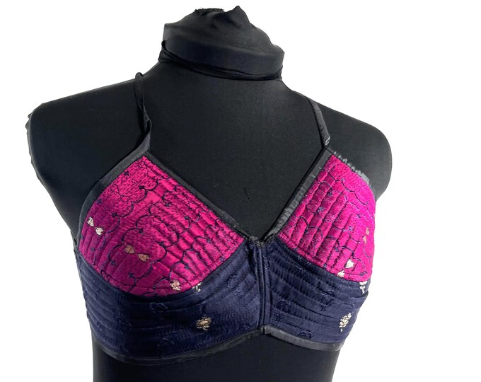 S Gia Cross Strap Bra Top, Handmade in Vintage Silk Brocade (SKU:2161-10078)