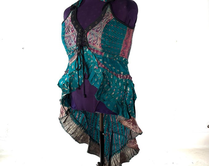 5XL. Sophia Corset Dress with Hi-Low tiered skirt in Silk brocade. Handmade Renaissance Festival Steampunk Unique SKU:2000-8486