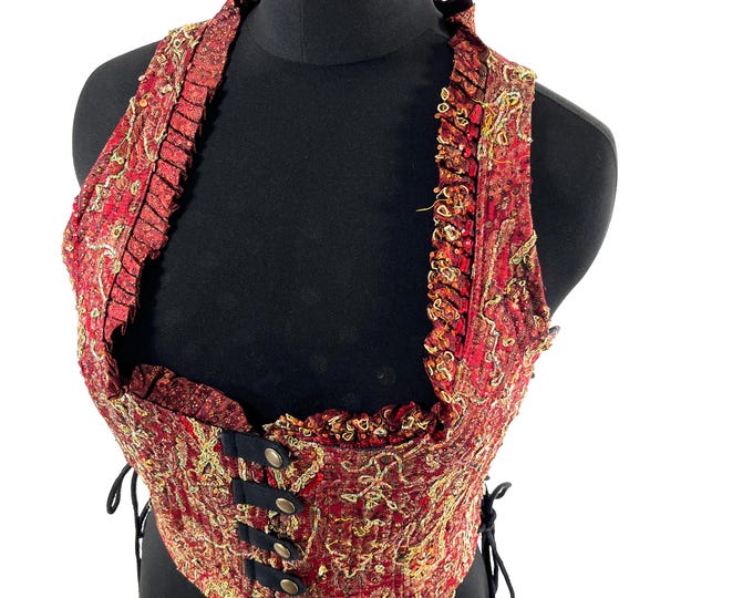 2XL. Mia Waistcoat; Boho Top - Red & Yellow - Vintage Silk Brocade  (SKU:2145-9702)