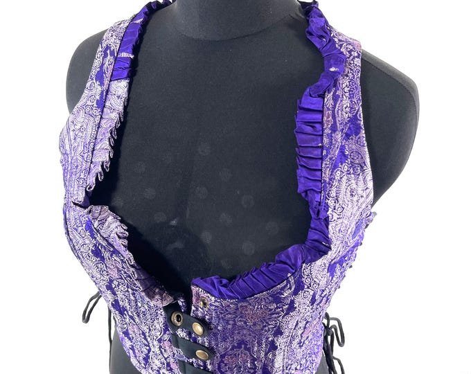 2XL. Mia Waistcoat; Boho Top - Purple & Silver - Vintage Silk Brocade  (SKU:2145-9710)