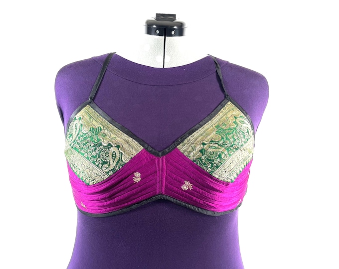 XL Gia Cross Strap Bra Top, Handmade in Vintage Silk Brocade (SKU:2164-10019)