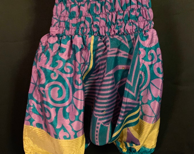 Child. Size 2 Crawler Harem Pants, Silk. Kids Drop-Crotch Trousers, Ali Baba, Afghan Pants in Purple & Yellow.