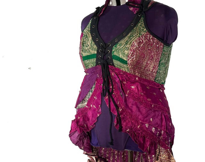 5XL. Sophia Corset Dress with Hi-Low tiered skirt in Silk brocade. Handmade Renaissance Festival Steampunk Unique SKU:2000-8484