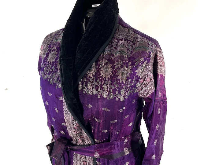 A Long Vintage Silk Brocade Coat; High Velvet Collar, 3 pockets, purple & silver unisex wrap jacket with belt SKU:3081-8533
