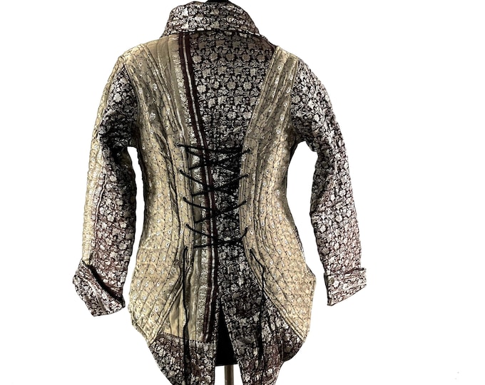 2XL. Steampunk Coat - Silk Brocade Fleece Lined Tailcoat