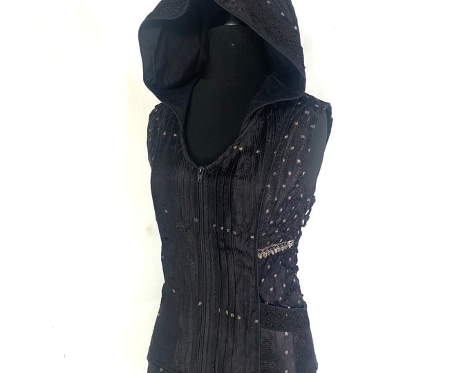 S/M. Pixie Hooded Jacket, Silk brocade. Pagan, Celtic, Gothic, Elven, Festival, LARP, R.E.N., Cosplay SKU:1050-5180