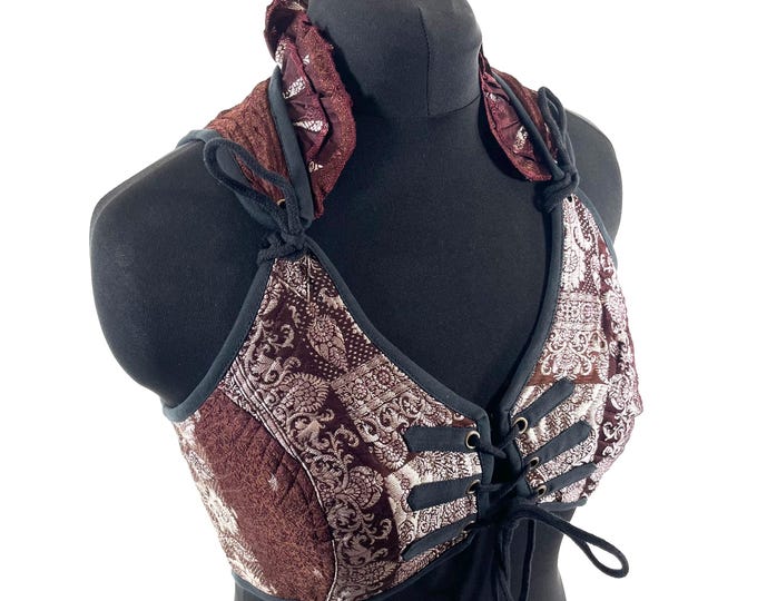L. Fae Corset Top - Brown & Silver Bra Top - Vintage Silk Brocade  (SKU:3033-9763)