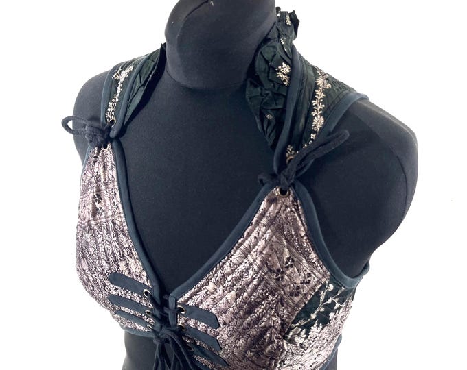 2XL. Fae Corset Top - Black & Silver Bra Top - Vintage Silk Brocade  (SKU:3035-9789)