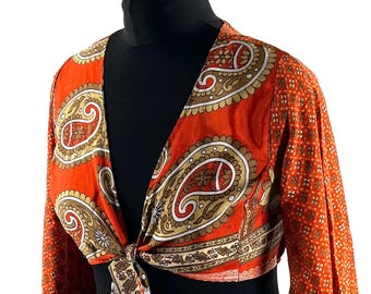 M/L Joy Bell Sleeve Crop Top; Silky Sari Summer Wrap Top (571-10284)