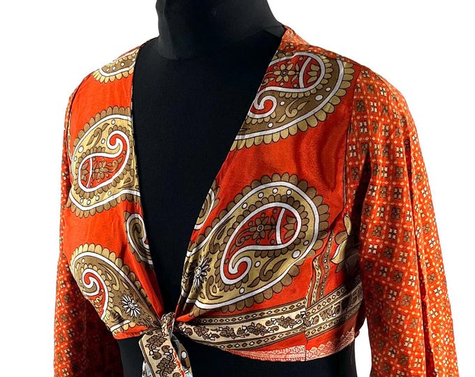 Joy Bell Sleeve Crop Top; Silky Sari Summer Wrap Top UK-M/L (SKU:571-10284)