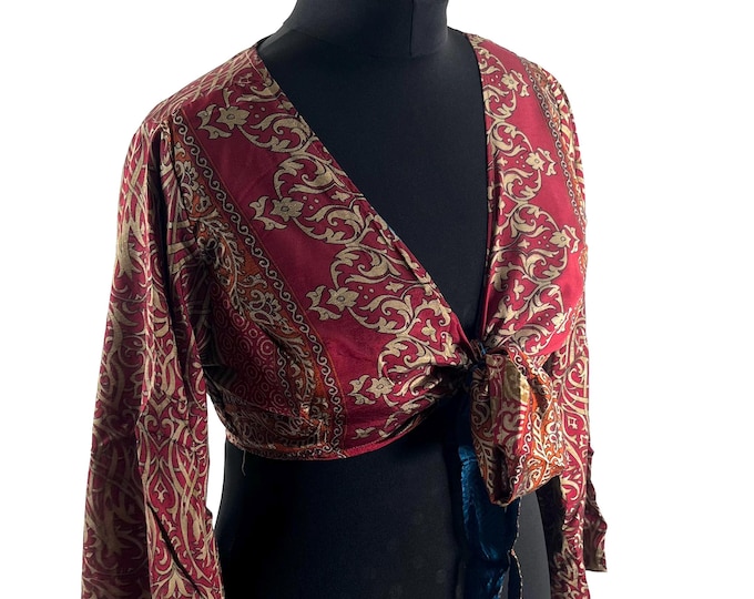 Joy Bell Sleeve Crop Top, Sari Summer Wrap, Handmade Silky, Light Hippy Style UK-2XL (SKU:573-10355)