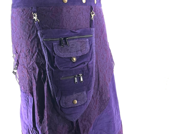 Royal Purple Steampunk Corduroy Long Wrap Skirt with lace and a detachable Purse.