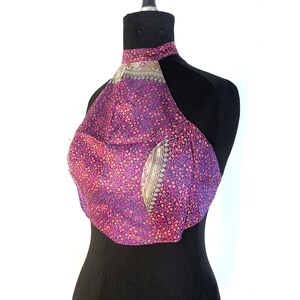M/L crop top met halter, brokaatzijde in roze, paars en goud, elf, elf, festival, Goa