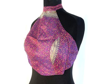 M/L Halter Crop Top, Brocade Silk in Pink Purple & Gold, Elf, Pixie, Festival, Goa
