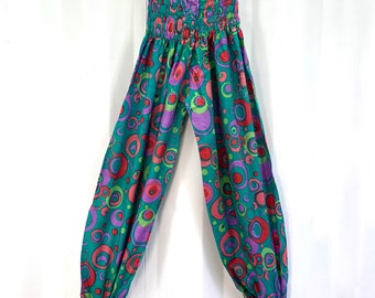 Tania Cotton Pantaloon Harem. One size Adult. Yoga Pants, Gypsy Pants, High Crotch festival pants in Turquoise with Pink Green & Purple