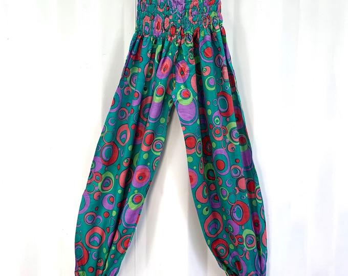 Tania Cotton Pantaloon Harem. One size Adult. Yoga Pants, Gypsy Pants, High Crotch festival pants in Turquoise with Pink Green & Purple