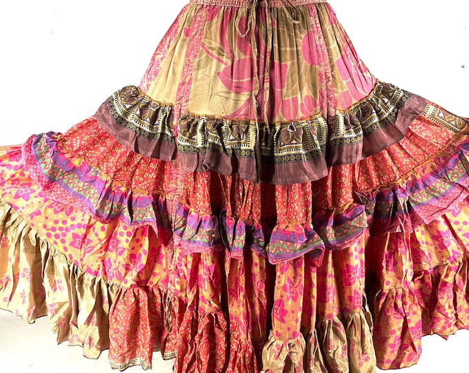 Jazmyn 25 Yard Skirt handmade in Vintage Summer Silk, Maxi One Size; (28"-42" Waist) Peasant Bellydance Flamenco SKU:738-8962