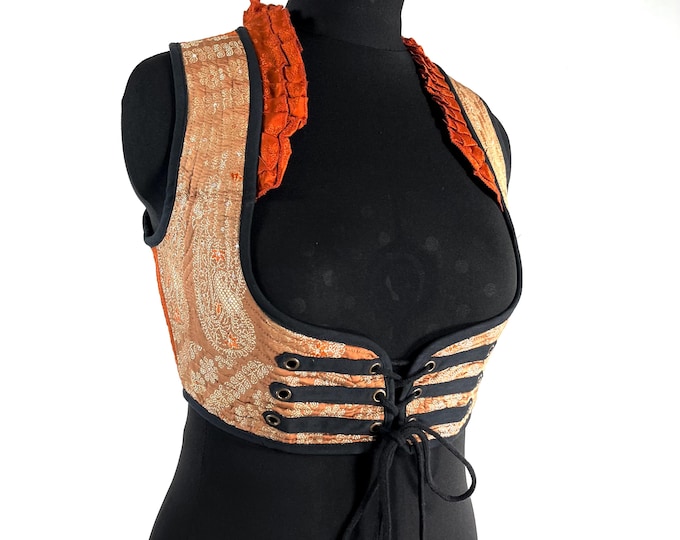 Underbust Corset Top; Ivy L Orange & Gold steampunk vest handmade in Vintage Silk Brocade (SKU:2173-10121)