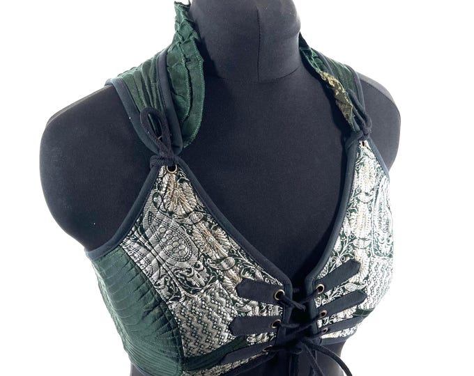 L. Fae Corset Top - Green & Silver Bra Top - Vintage Silk Brocade  (SKU:3033-9766)