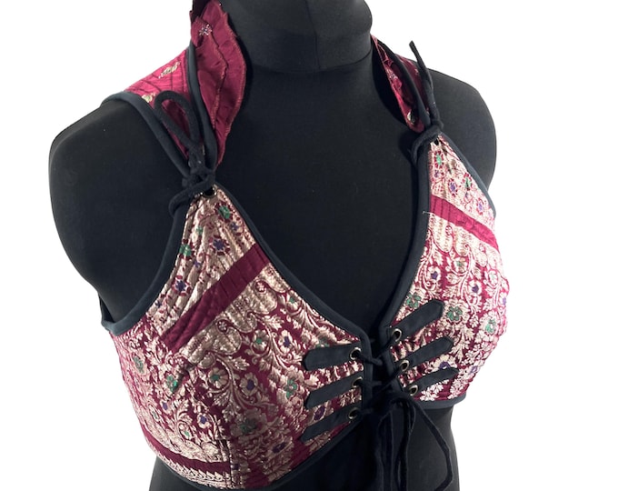 3XL. Fae Corset Top - Red & Silver Bra Top - Vintage Silk Brocade  (SKU:3036-9799)