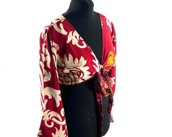L/XL Joy Bell Sleeve Crop Top, Sari Summer Wrap, Handmade Silky, Light Hippy Style (SKU:572-10336)