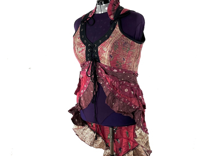 4XL. Sophia Corset Dress with Hi-Low tiered skirt in Silk brocade. Handmade Renaissance Festival Steampunk SKU:2000-8589