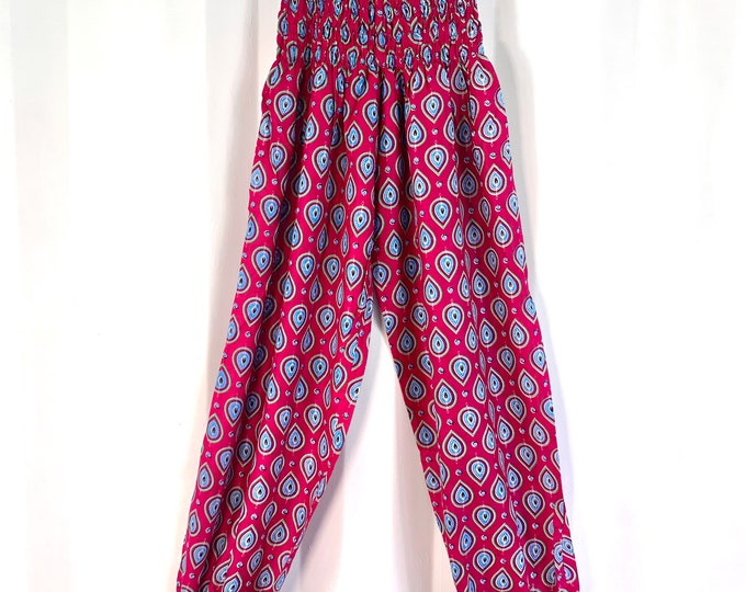 Tania Cotton Pantaloon Harem. One size Adult. Yoga Pants, Gypsy Pants, High Crotch festival pants in Corel Pink with Blue Green & White