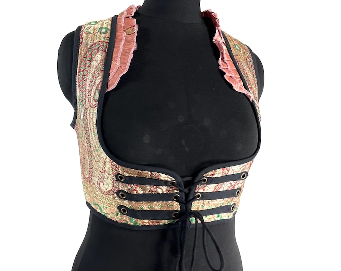 Underbust Corset Top; Ivy XL Pink & Gold steampunk vest handmade in Vintage Silk Brocade (SKU:2174-10136)