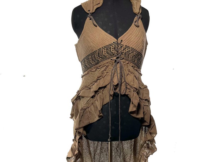 Bardot Boho Corset Dress in Sand.