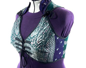 6XL. Fae Corset Top - Green & Silver Bra Top - Vintage Silk Brocade  (SKU:3038-9814)