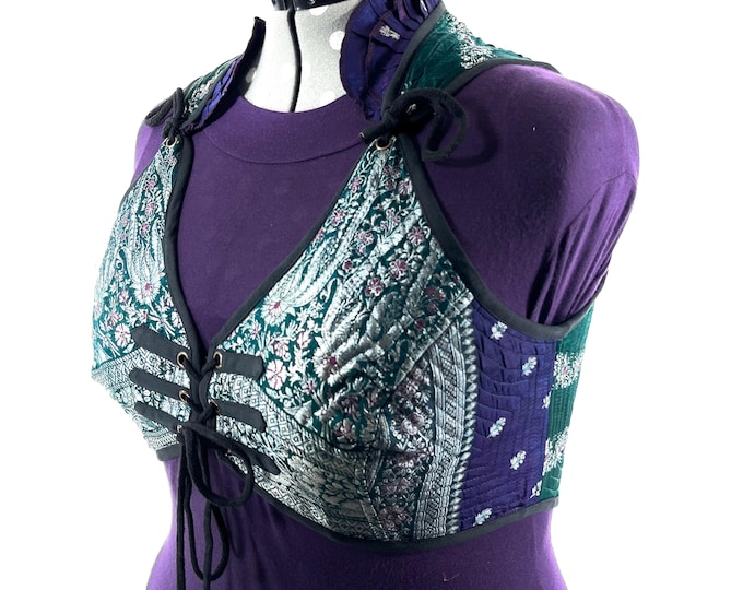 6XL. Fae Corset Top - Green & Silver Bra Top - Vintage Silk Brocade  (SKU:3039-9814)