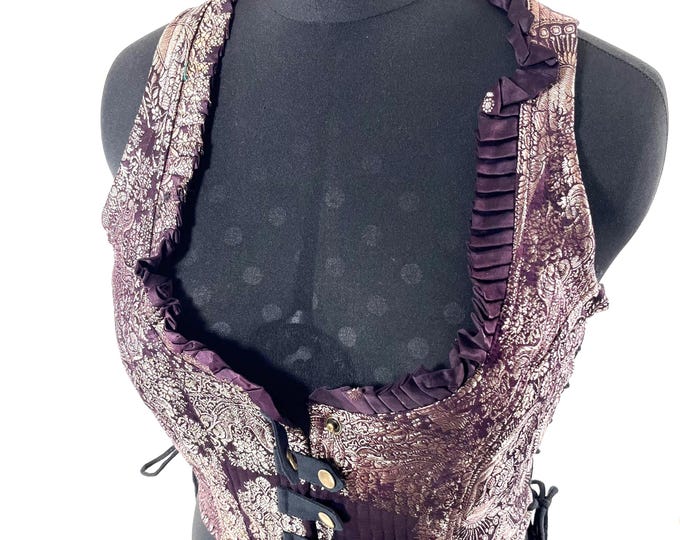 2XL. Mia Waistcoat; Boho Top - Plum & Silver - Vintage Silk Brocade  (SKU:2145-9707)