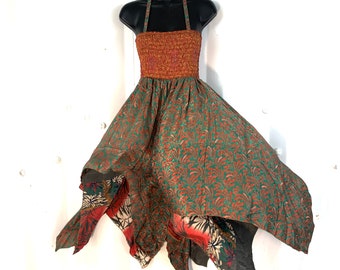 XL Dana Silk Fairy Dress; Midi 38" (97cm) length up-to 52” (133cm) waist Boho Sundress