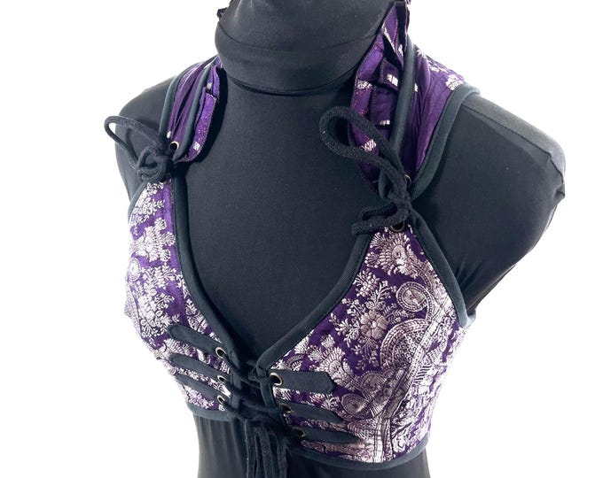 S. Fae Corset Top - Purple & Silver Bra Top - Vintage Silk Brocade  (SKU:3031-9757)