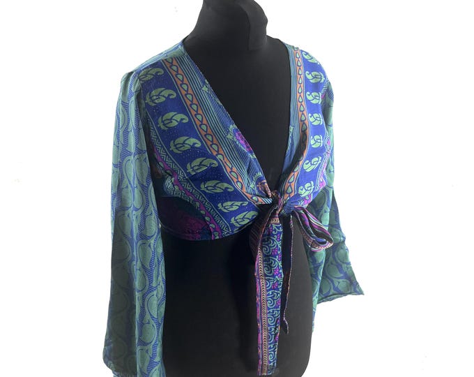 Joy Bell Sleeve Crop Top, Sari Summer Wrap, Handmade Silky, Light Hippy Style UK-2XL (SKU:573-10341)